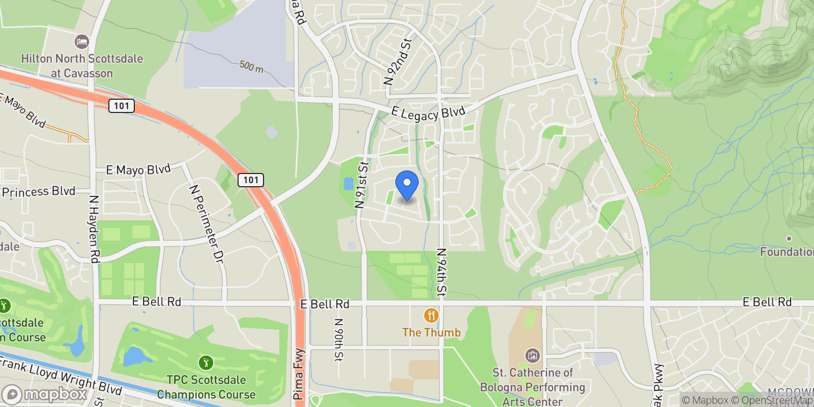 Map showing 17725 N 93RD Street, Scottsdale, Arizona, United States.