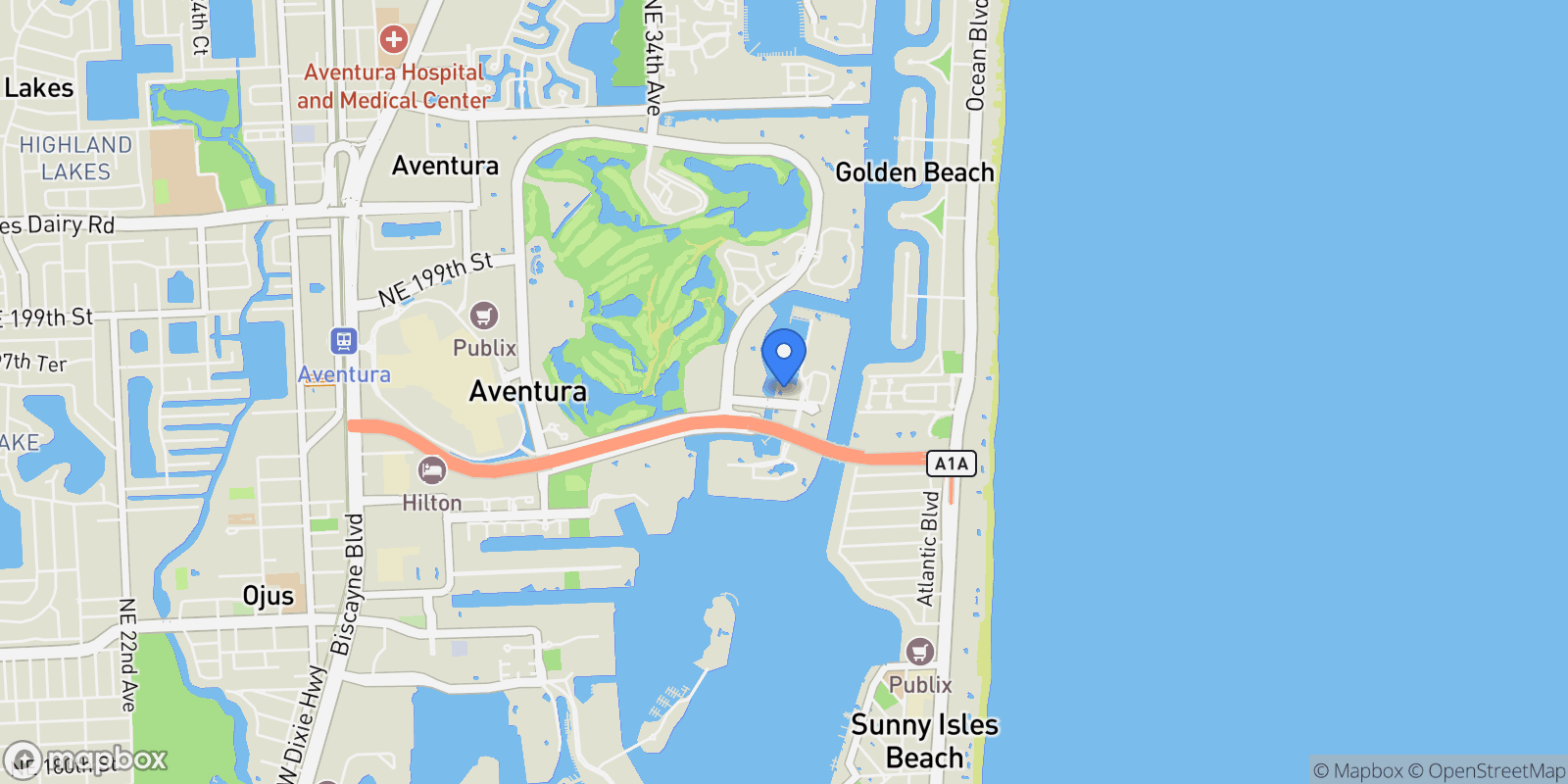 Map showing 19500 Turnberry Way, Aventura, Florida, United States.