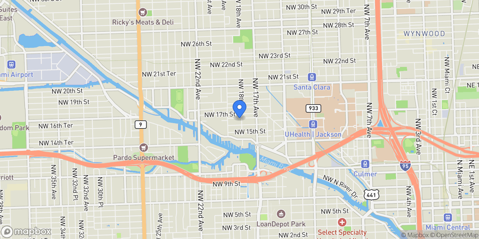 Map showing 1810 NW 16th Ter, Miami, Florida, United States.