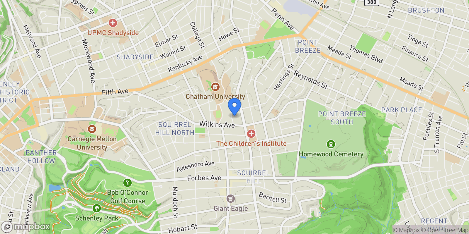 Map showing 122 Woodland Road, Shadyside, PA, 15232, USA, Pittsburgh, Pennsylvania, United States.