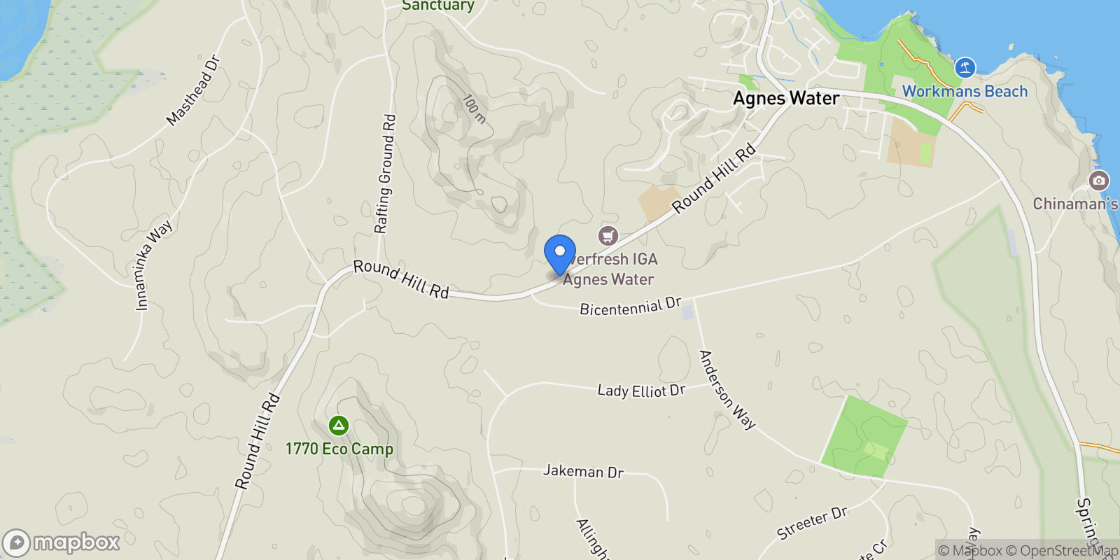 Map showing Agnes Water, Round Hill Road, Agnes Water, Queensland, Australia.