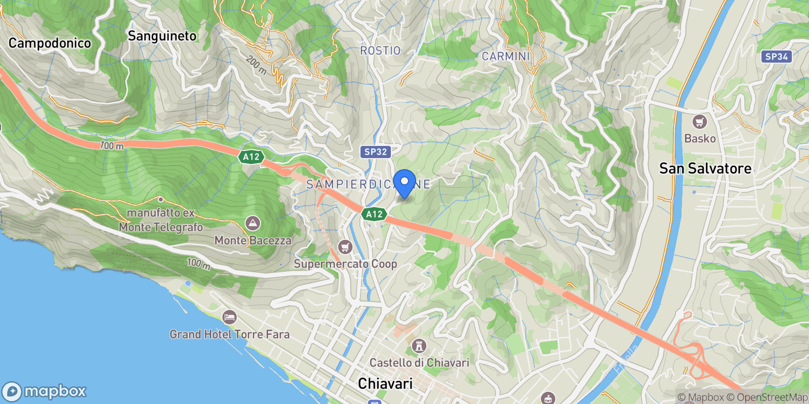Map showing Località San Pier di Canne Case Sparse, Chiavari, Liguria, Italy.