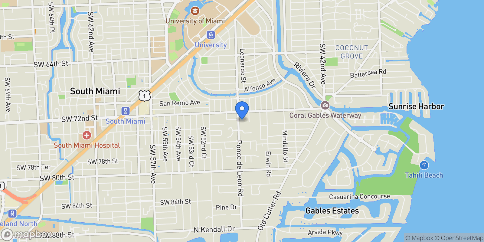Map showing 7301 Ponce De Leon Rd, Miami, Florida, United States.