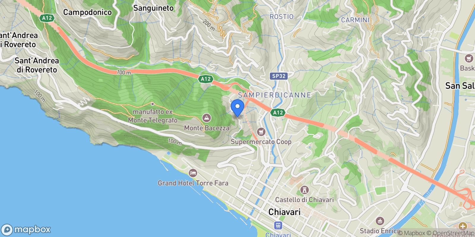 Map showing Località Bacezza Case Sparse, Chiavari, Liguria, Italy.