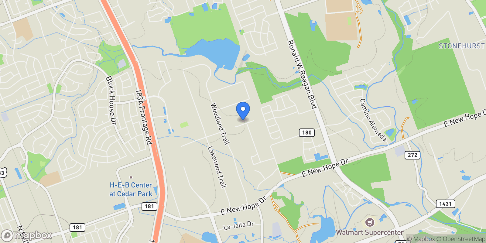 Map showing 2217 Downing LN, Leander, Texas, United States.
