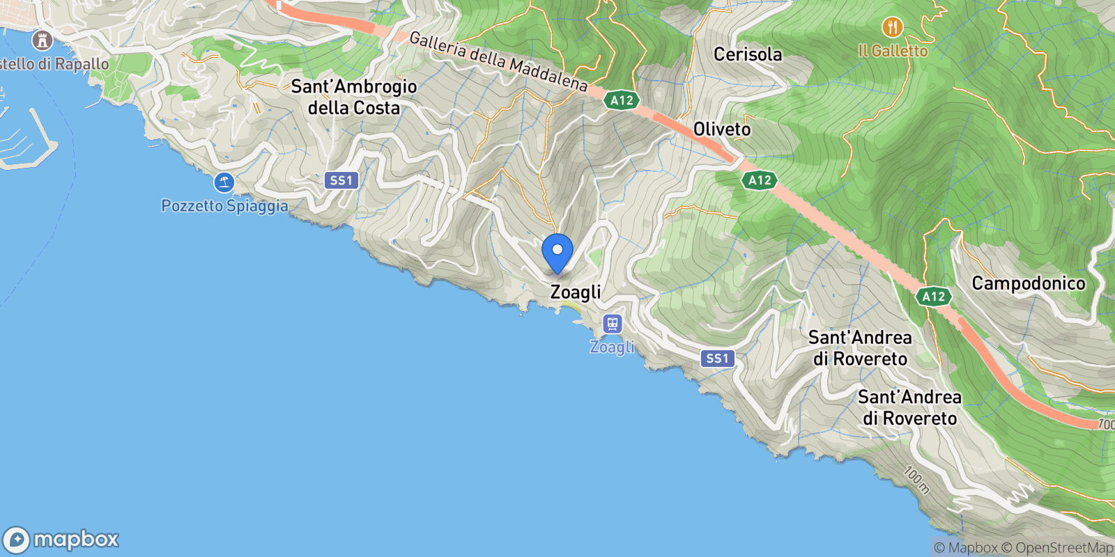 Map showing Via Duchessa Canevaro, Zoagli, Liguria, Italy.