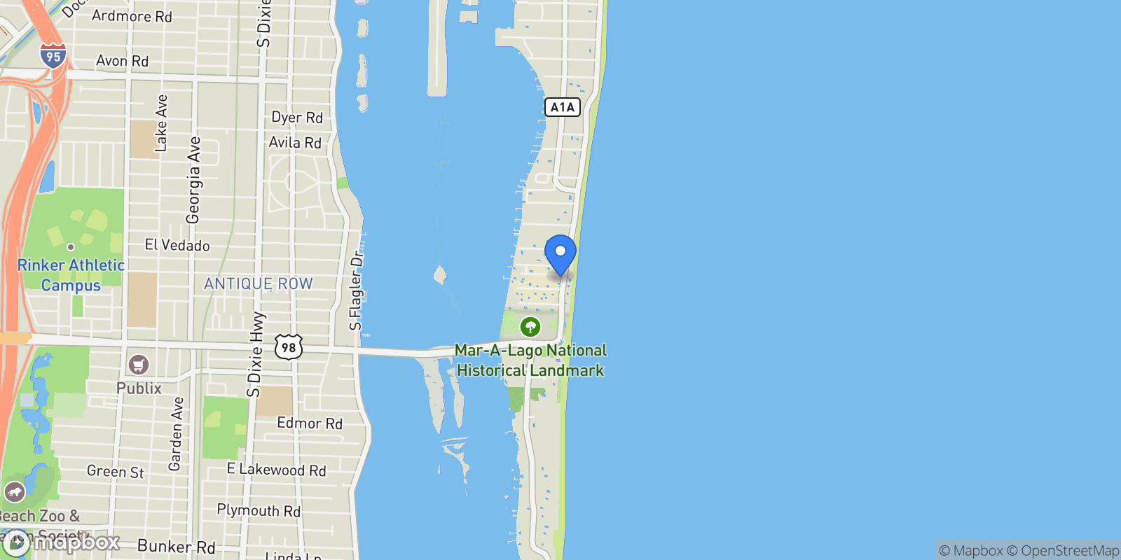 Map showing 1048 S Ocean Boulevard, Palm Beach, Florida, United States.
