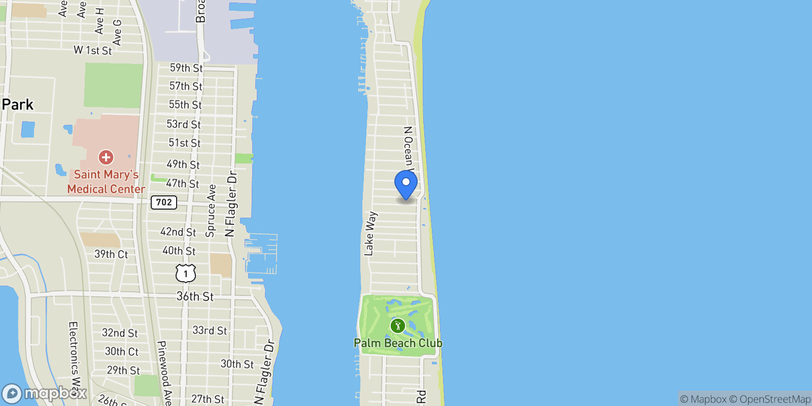 Map showing 223 Monterey Road, Palm Beach, Florida, United States.