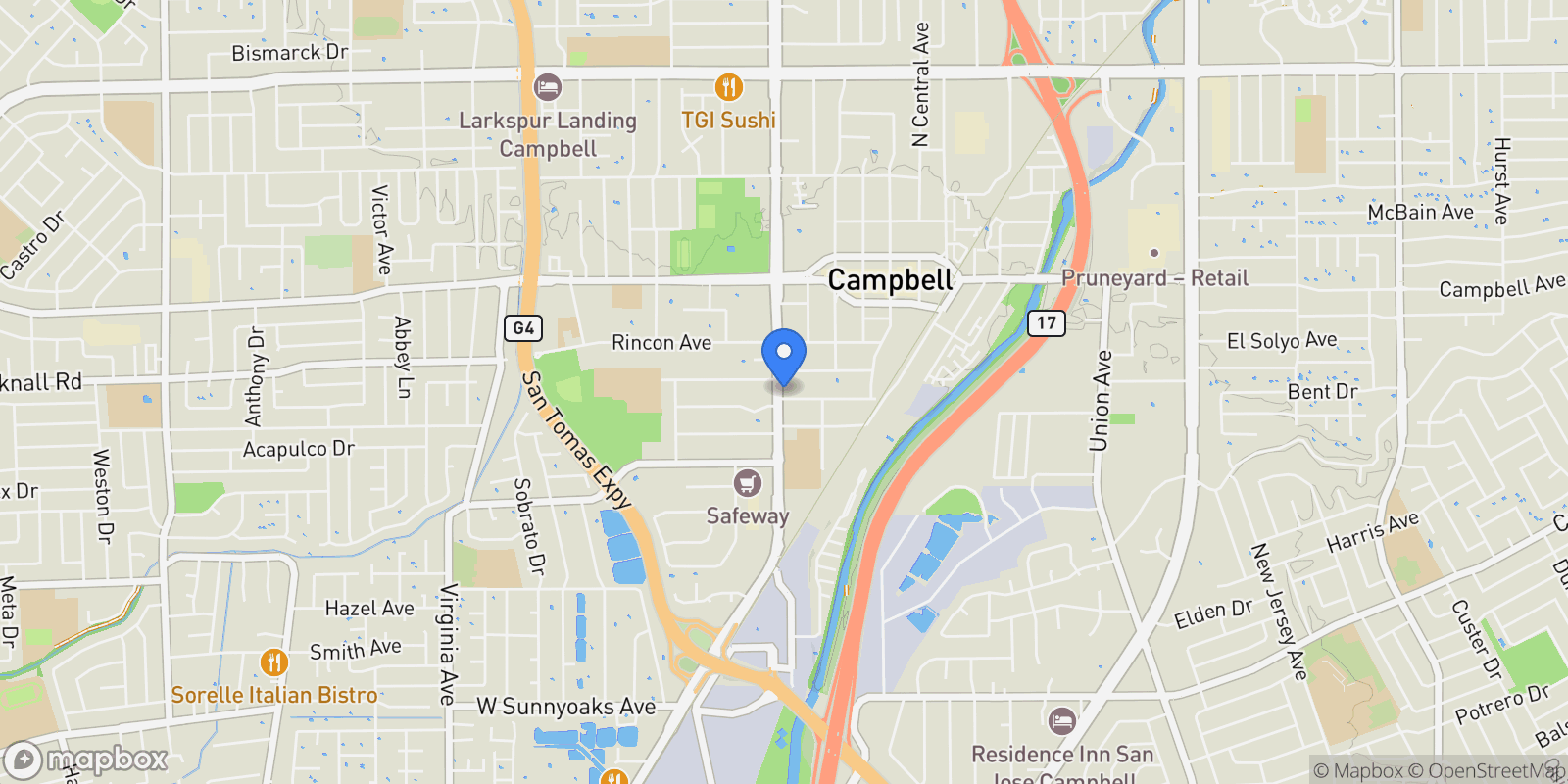 Map showing 2220 Winchester Boulevard, Campbell, California, United States.