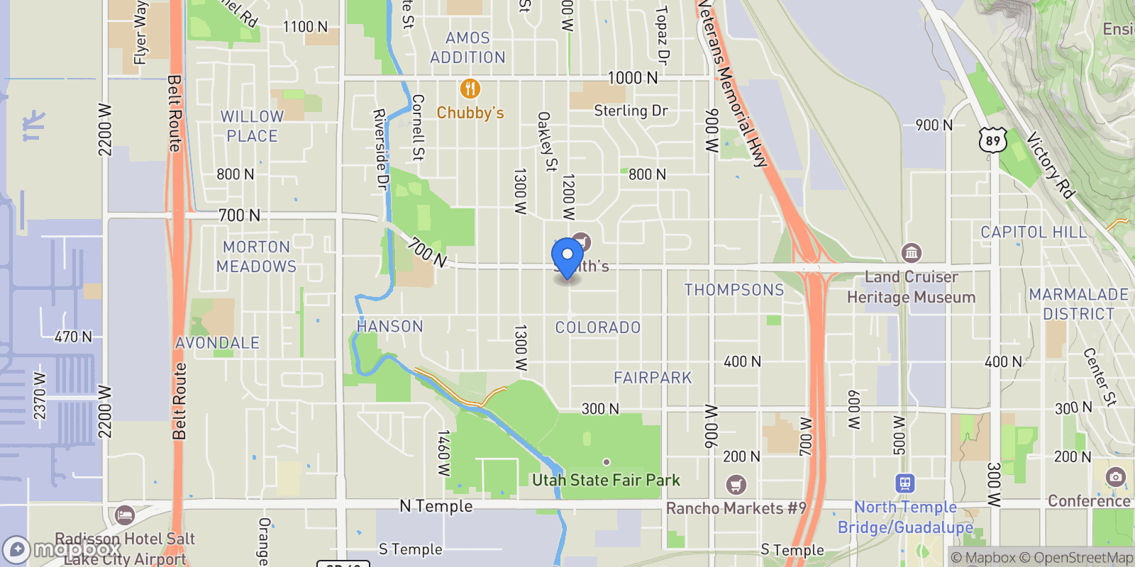 Map showing 565 N 1200 W, Salt Lake City, Utah, United States.