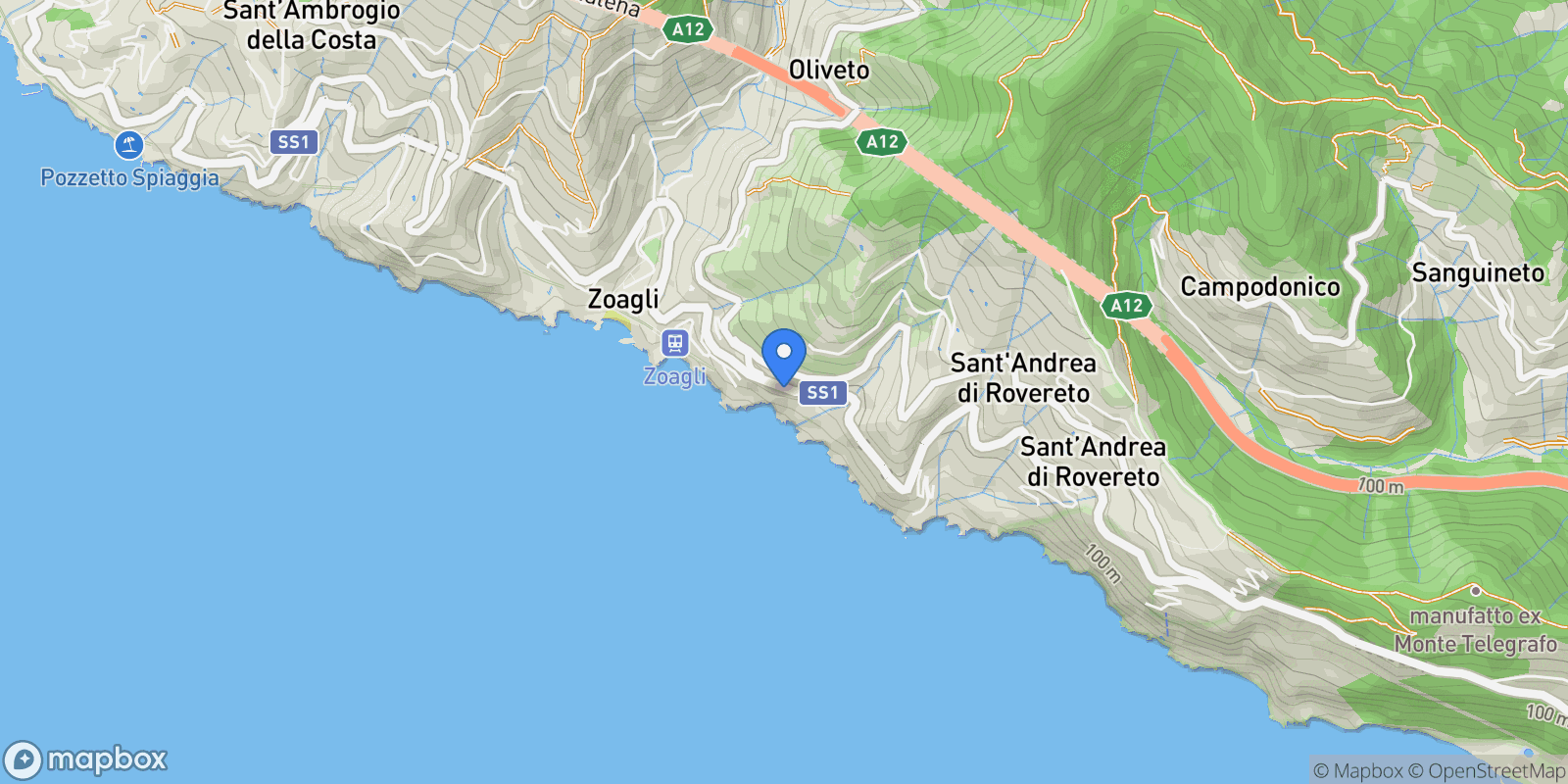Map showing SS 1, 38, 16035 Zoagli GE, Italy, Zoagli, Liguria, Italy.