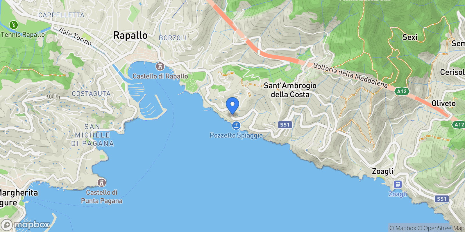 Map showing SS 1, 364, 16035 Zoagli GE, Italy, Zoagli, Liguria, Italy.