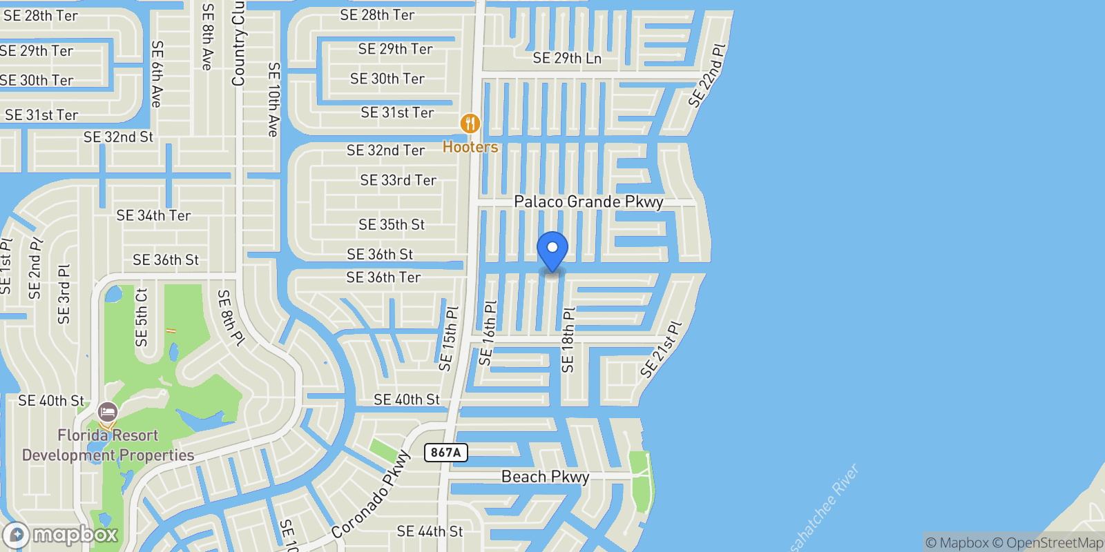 Map showing 3605 SE 18th Avenue, Cape Coral, Florida, United States.