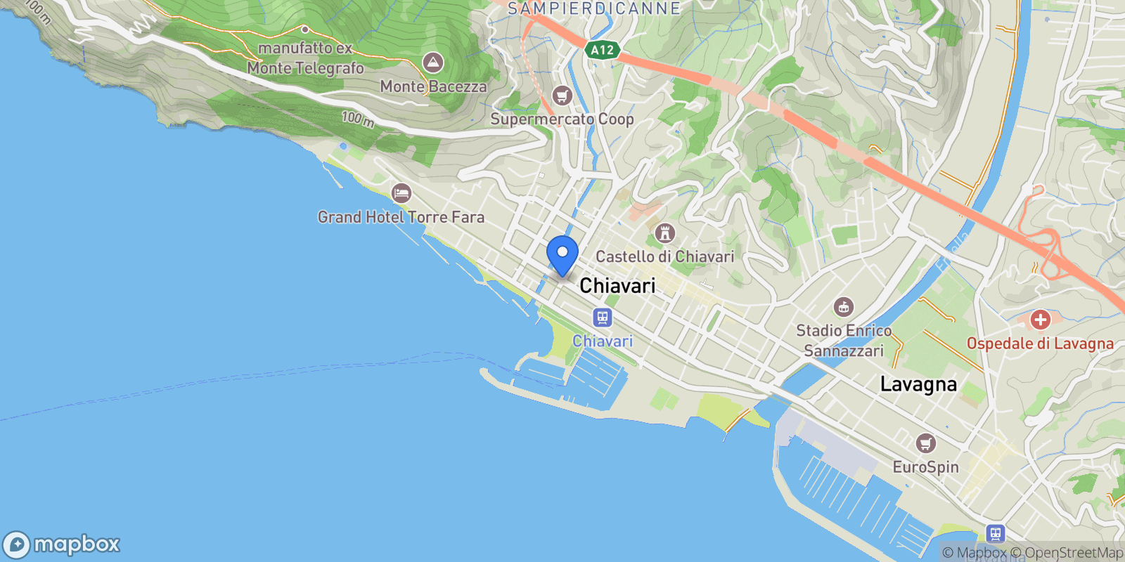 Map showing 16043 Chiavari, Metropolitan City of Genoa, Italy, Chiavari, Liguria, Italy.