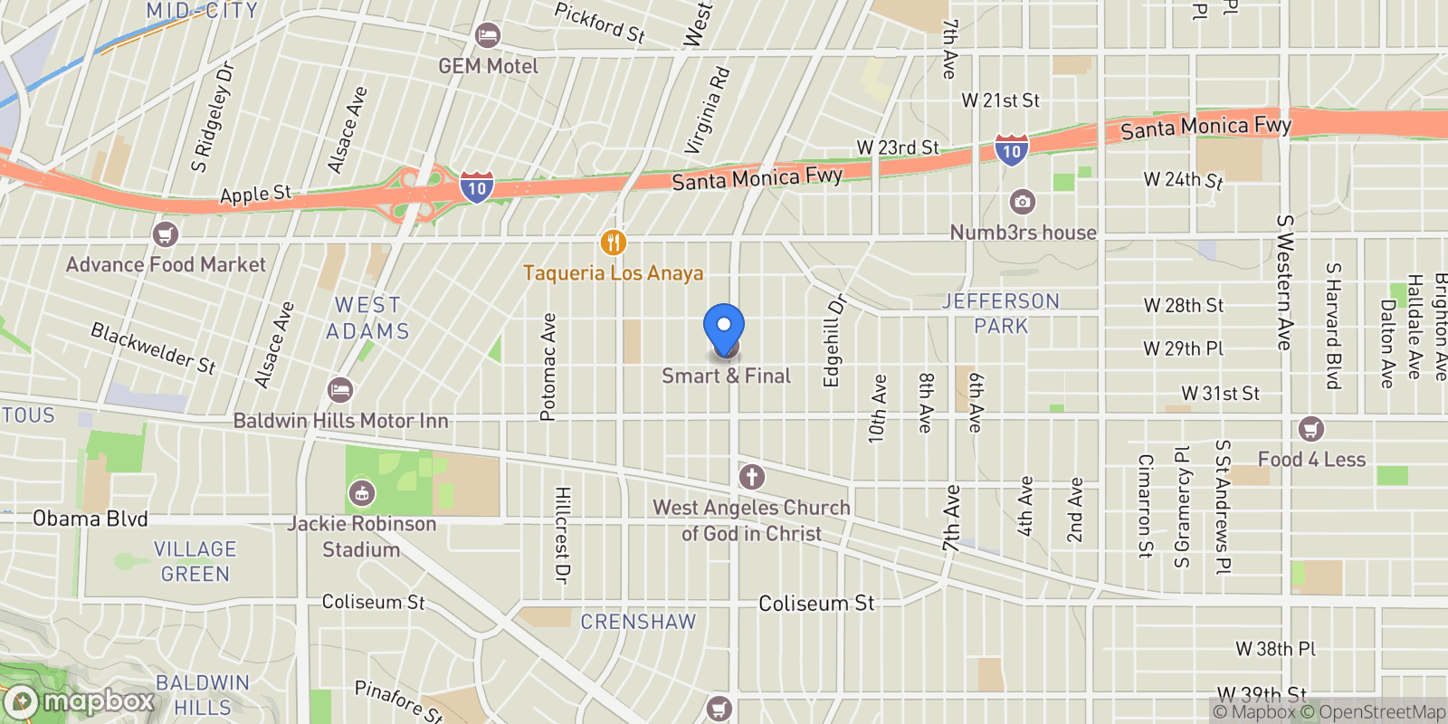 Map showing 3809 W 30th Street, Los Angeles, California, United States.