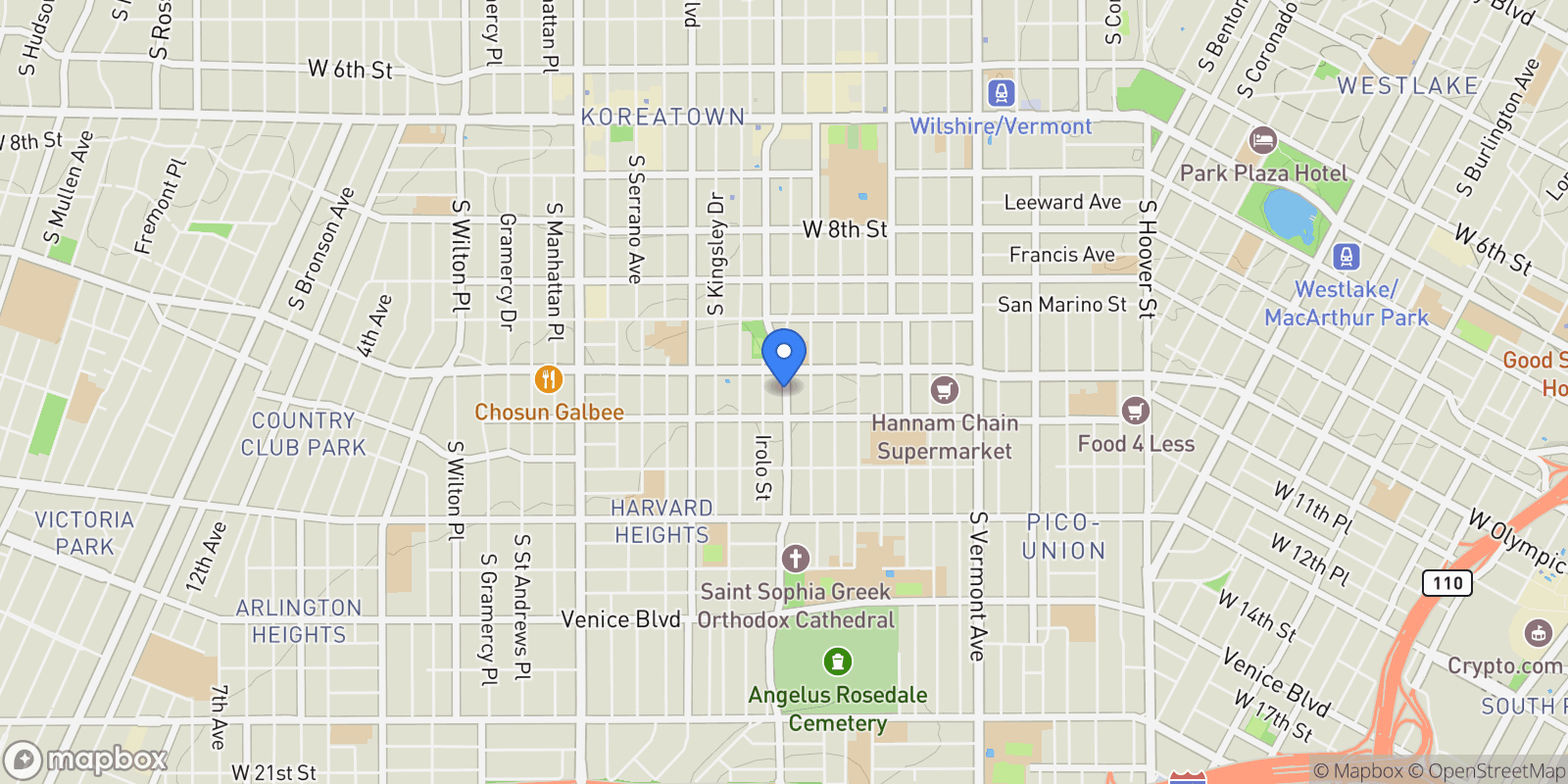 Map showing 1029 S Normandie Avenue, Los Angeles, California, United States.