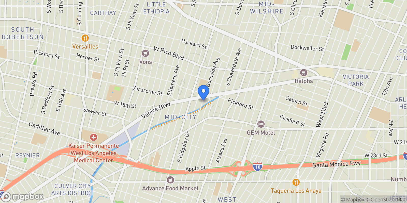 Map showing 1618 S Burnside Avenue, Los Angeles, California, United States.