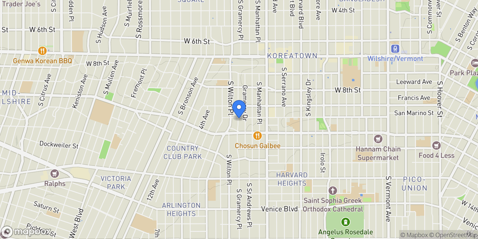 Map showing 940 S Gramercy Place, Los Angeles, California, United States.