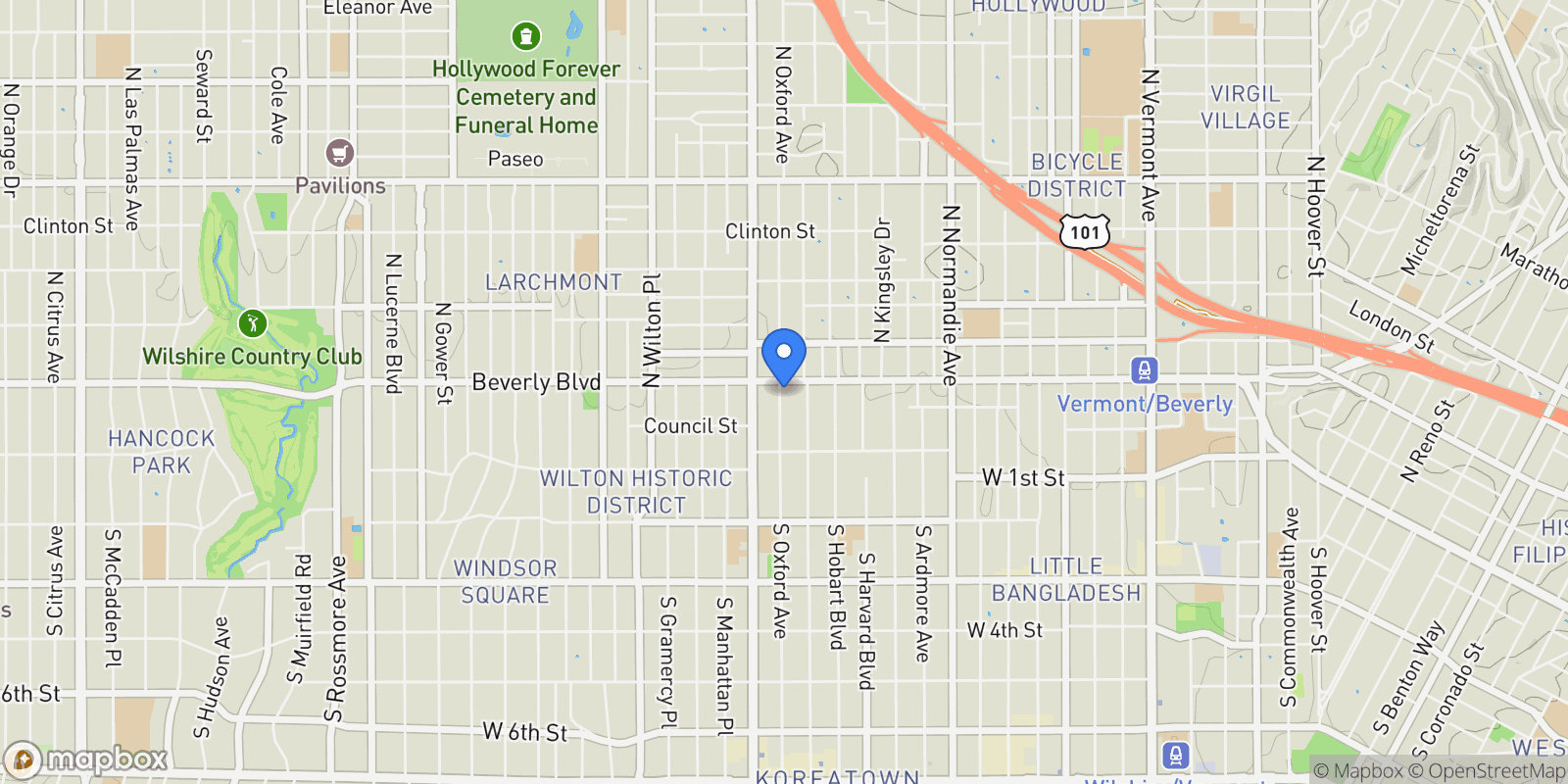 Map showing 220 N Oxford Avenue, Los Angeles, California, United States.