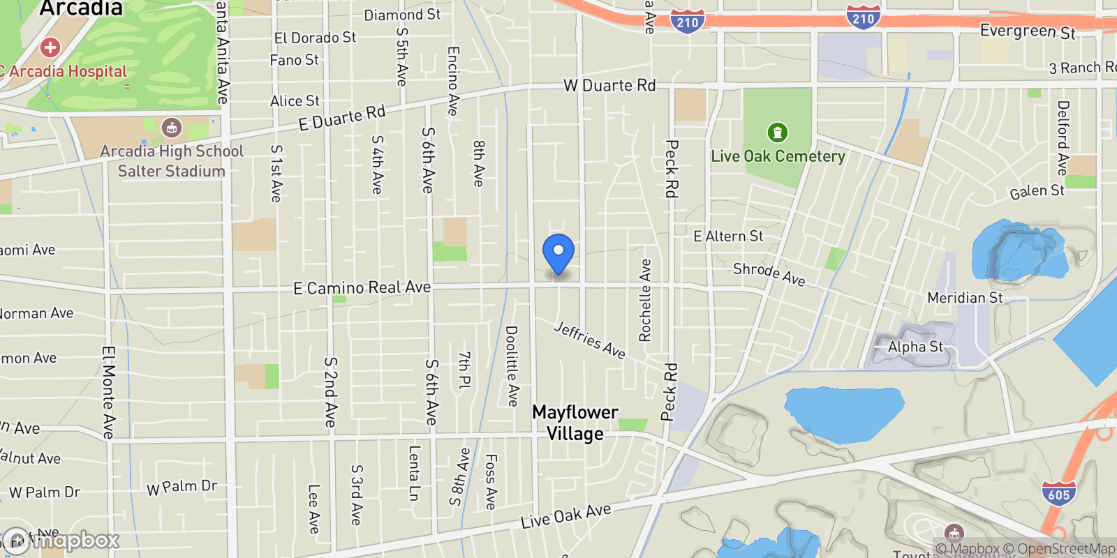Map showing 1101 E Camino Real Avenue, Arcadia, California, United States.