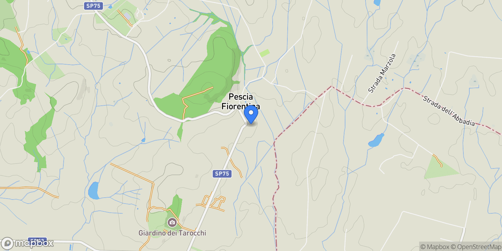Map showing Strada Provinciale 75 Pescia Fiorentina Chiarone, Capalbio, Tuscany, Italy.