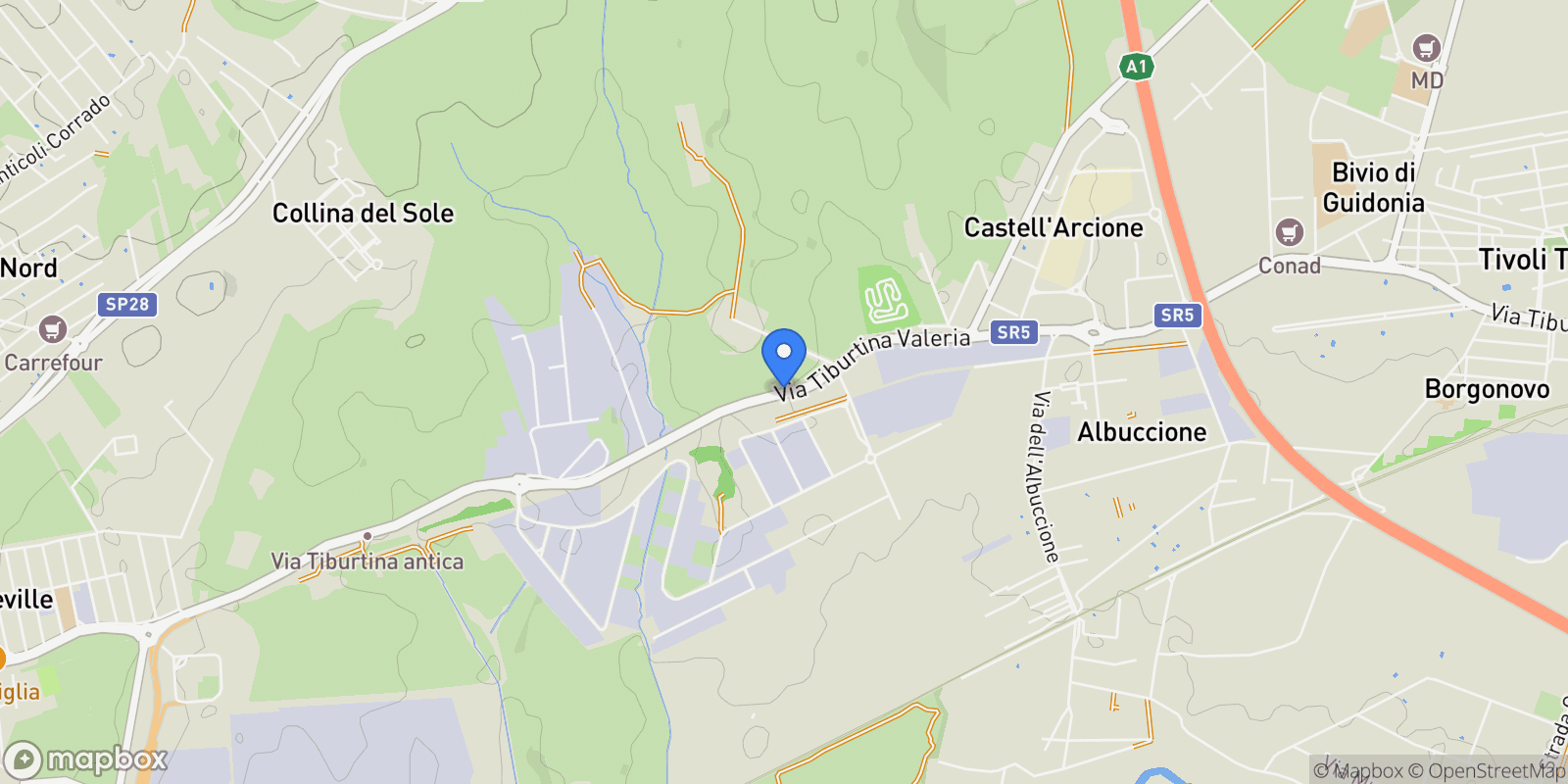 Map showing Via Tiburtina Valeria, Albuccione, Lazio, Italy.