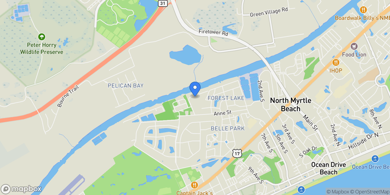 Map showing 1019 Ridgewood Drive , North Myrtle Beach, SC 29582, North Myrtle Beach, South Carolina, United States.