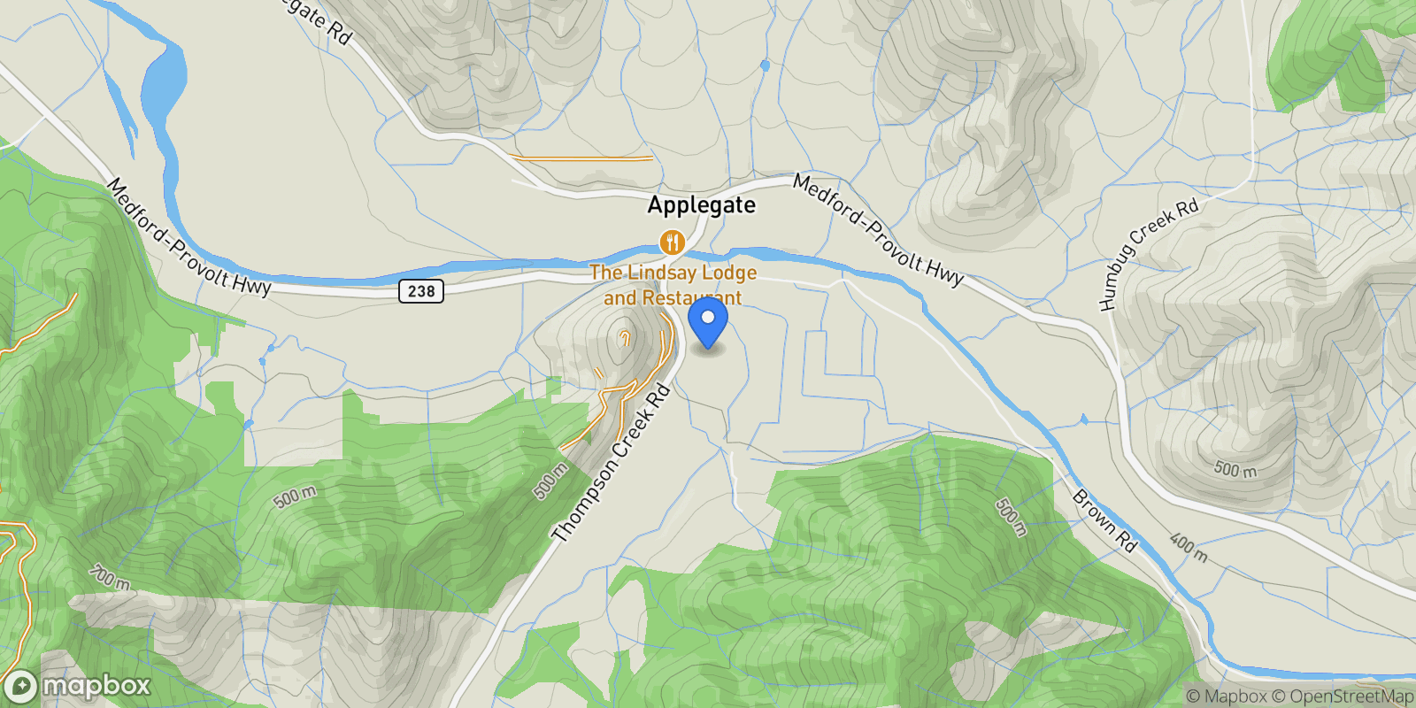 Map showing 233 Thompson Creek Road , Applegate, OR 97530, Applegate, Oregon, United States.
