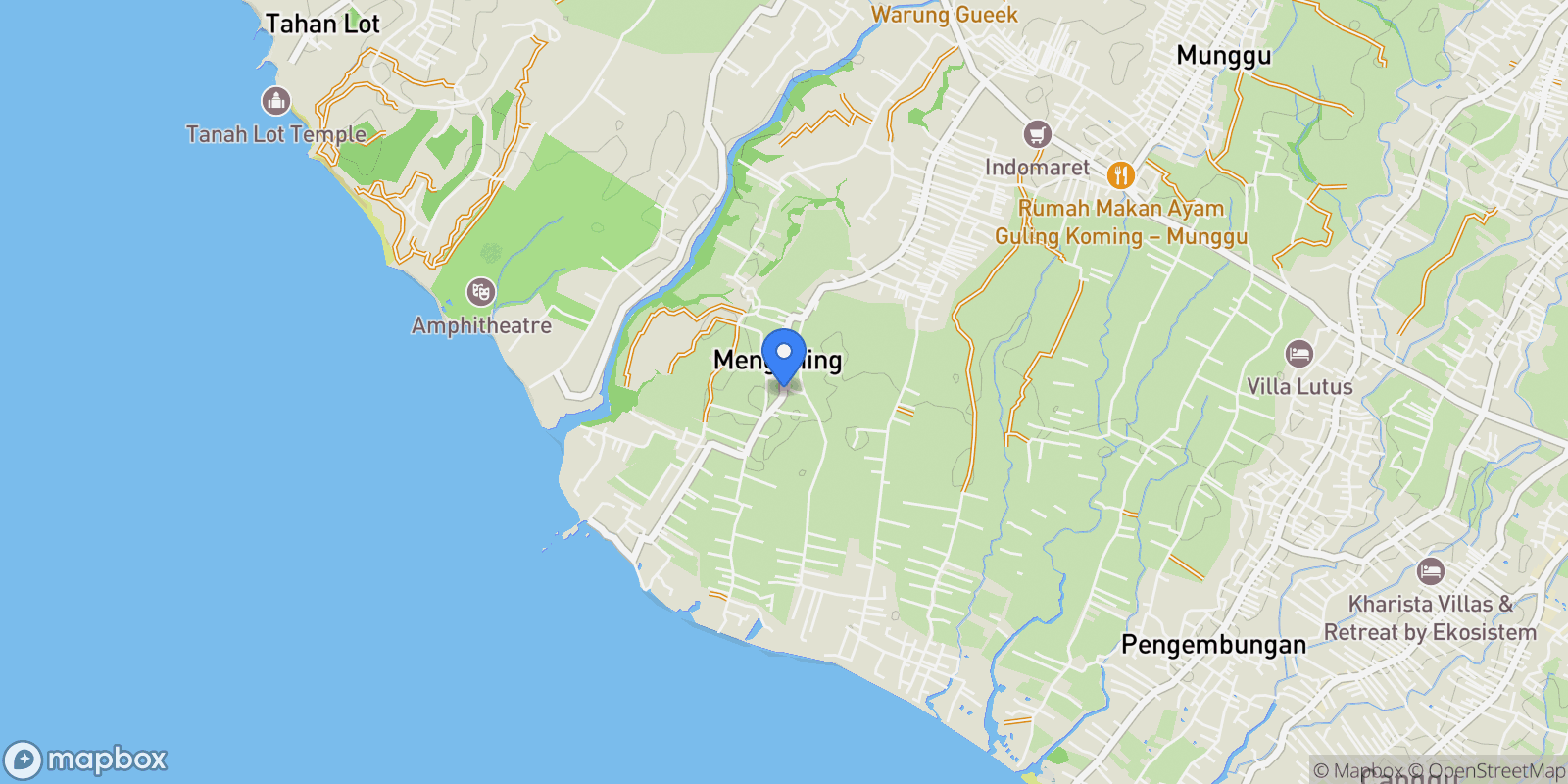 Map showing 9453+JGR, Jl. Pantai Mengening, Cemagi, Kec. Mengwi, Kabupaten Badung, Bali 80361, Indonesia, Mengwi, Bali, Indonesia.