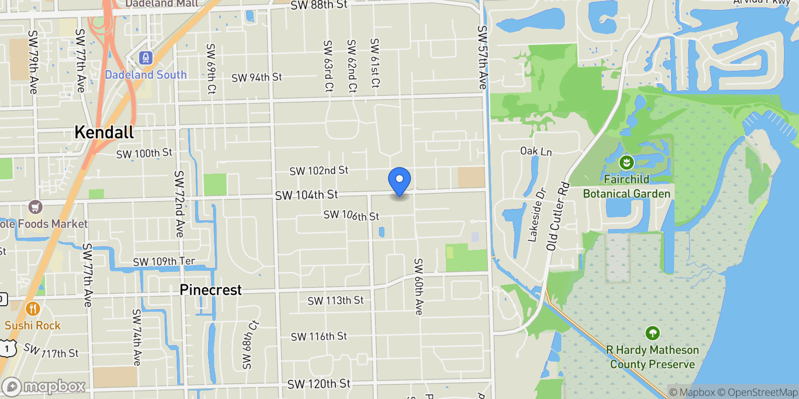 Map showing 6080 SW 104th St, Coral Gables, Florida, United States.