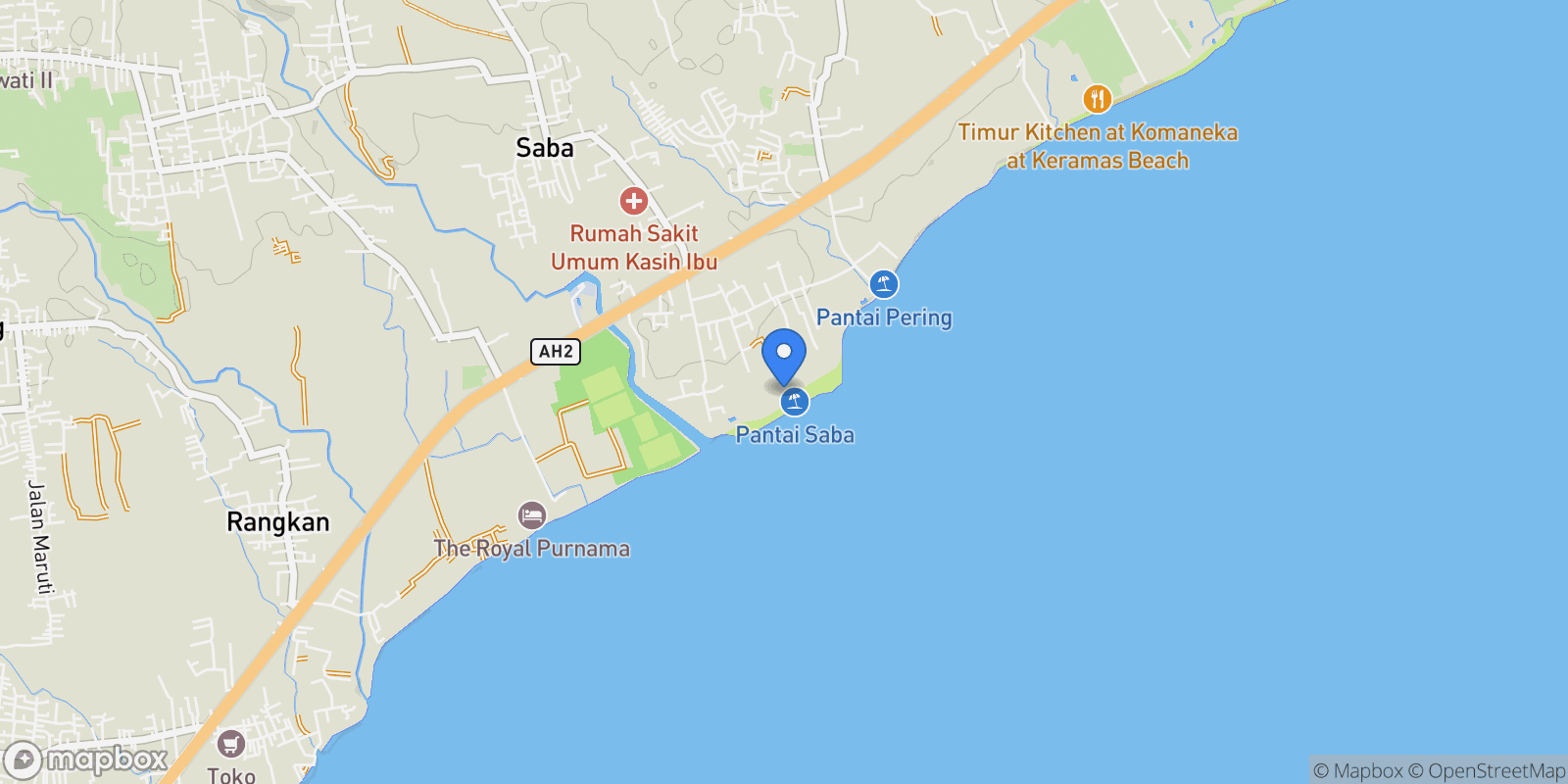 Map showing 98P9+JVQ Saba, Kabupaten de Gianyar, Bali, Indonésie, Bali, Indonesia.