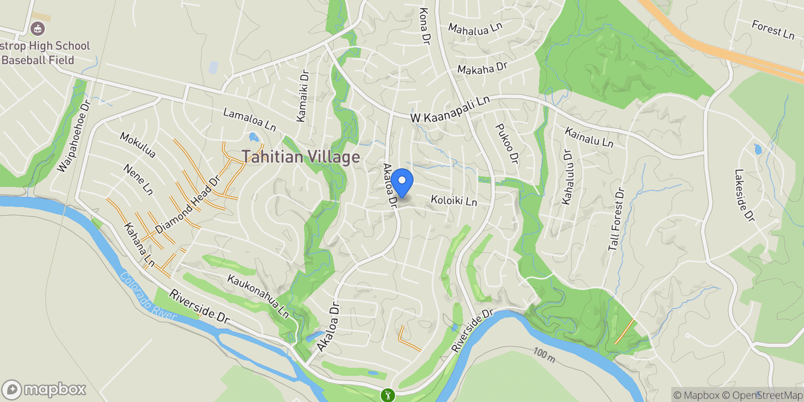 Map showing 108 Koolua DR, Bastrop, Texas, United States.