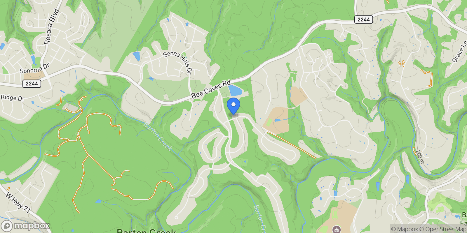 Map showing 9902 Scenic Bluff DR, Austin, Texas, United States.