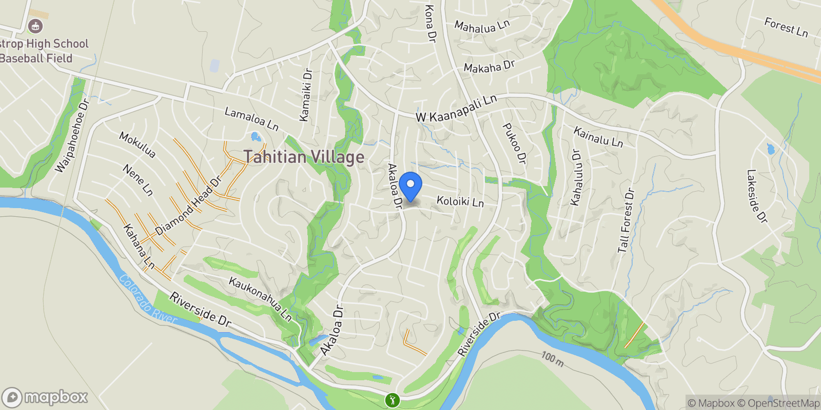 Map showing 106 Koolua DR, Bastrop, Texas, United States.