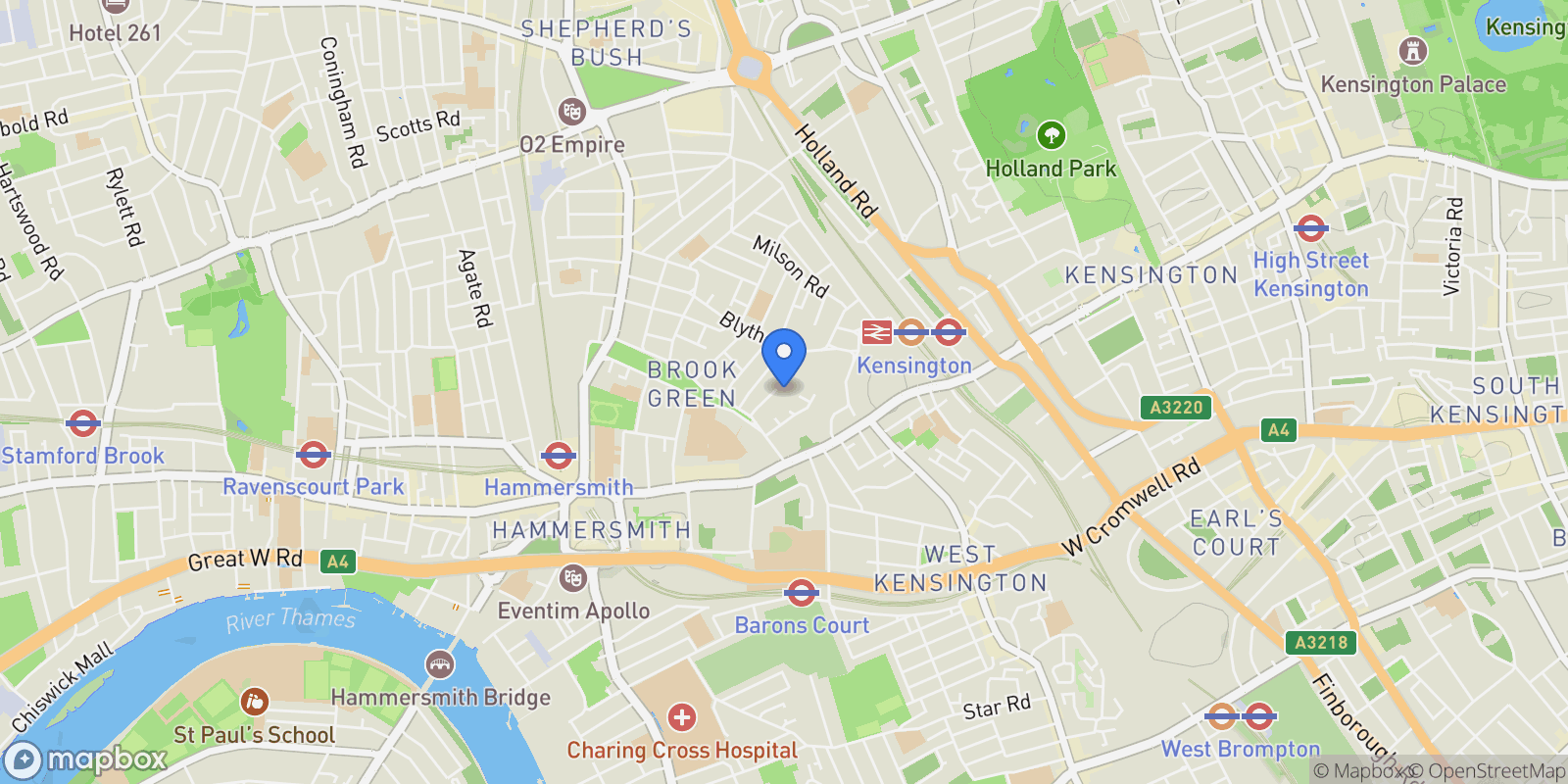 Map showing 50 Brook Green, London, England, United Kingdom.
