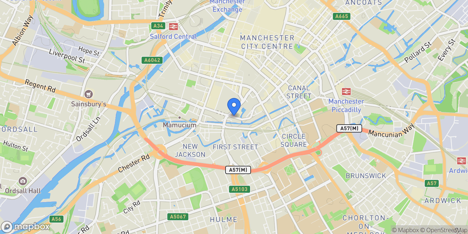Map showing Great Bridgewater Street, Manchester, England, United Kingdom.