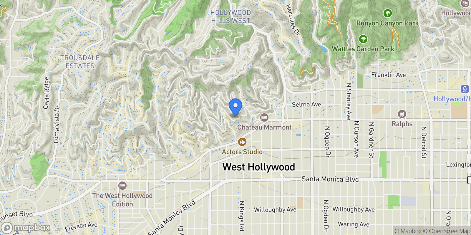 Map showing 8411 Hollywood Boulevard, Los Angeles, California, United States.