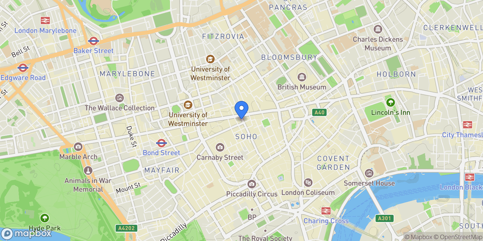 Map showing 91-101 Oxford St, London, England, United Kingdom.