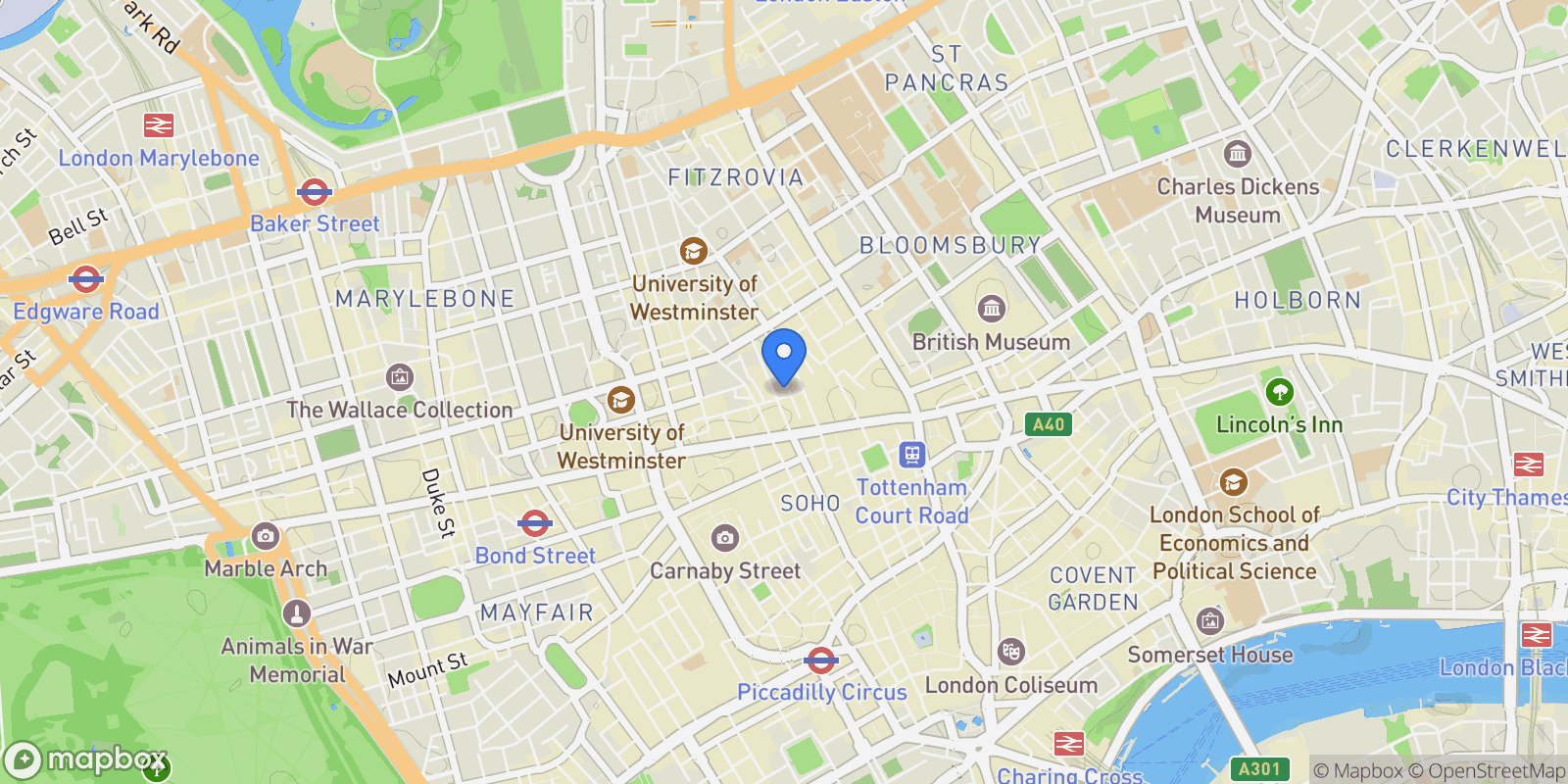 Map showing 38 Eastcastle Street, London, England, United Kingdom.