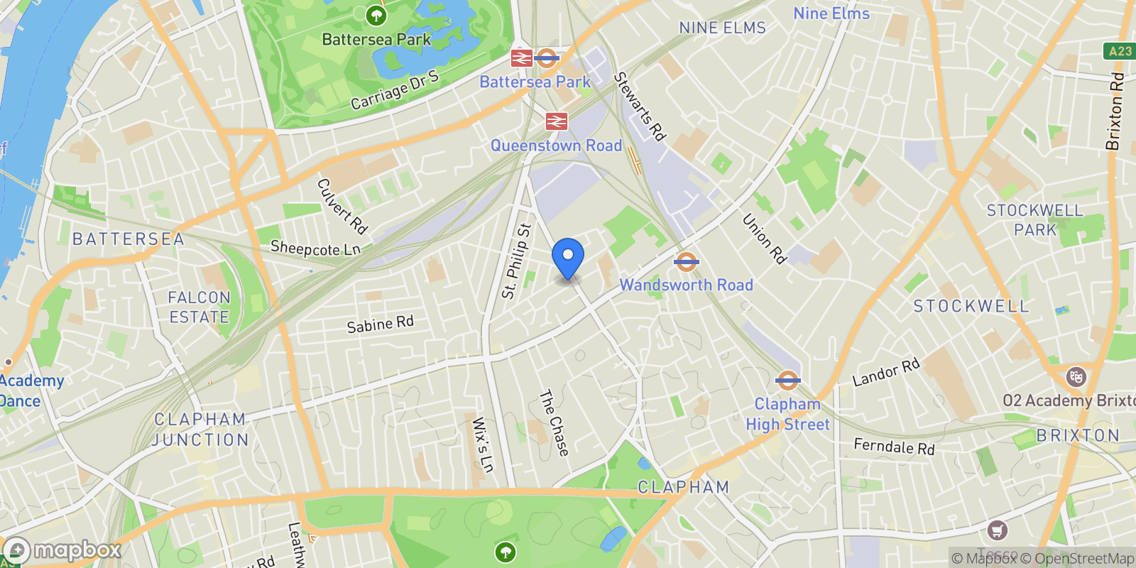 Map showing Oakley House, Nine Elms, Battersea Roof Gardens, London, England, United Kingdom.