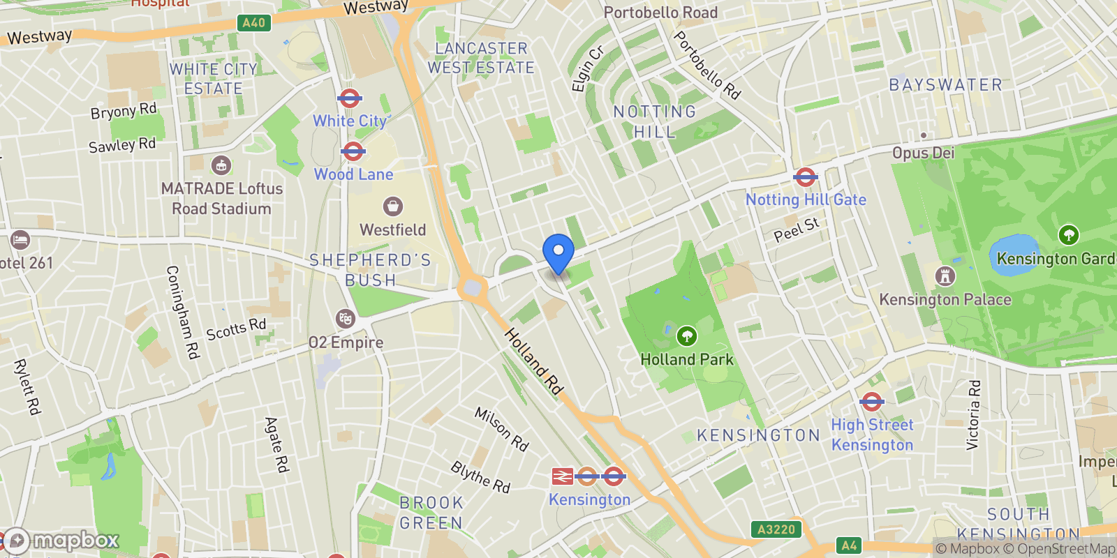 Map showing 8 Holland Park Mansions, Central London, London, England, United Kingdom.