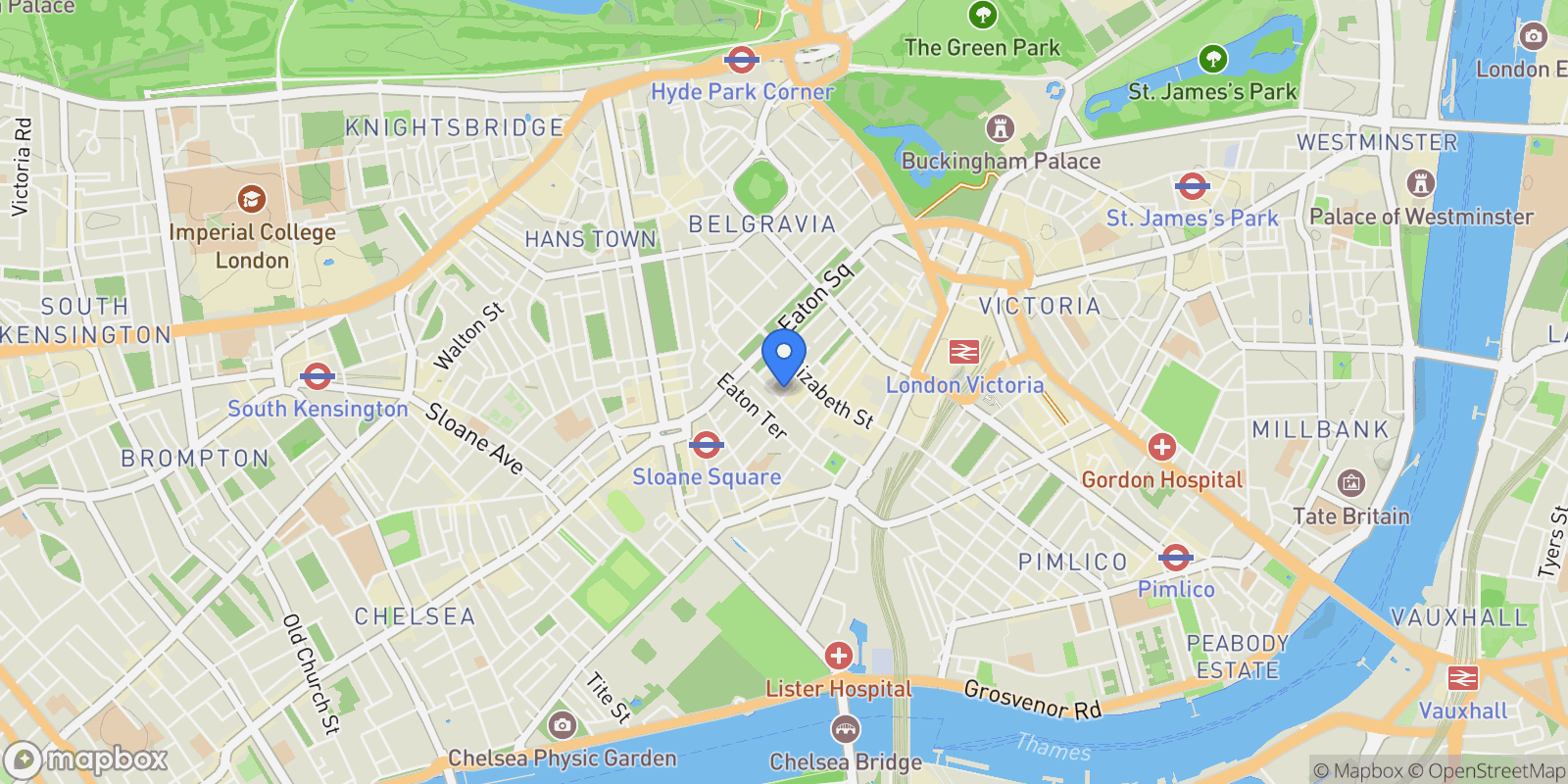 Map showing 12 Chester Row, Central London, London, England, United Kingdom.