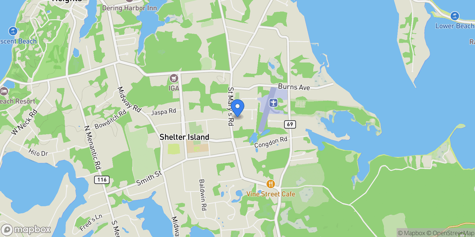 Map showing 16 St. Mary's Road, Shelter Island, NY 11964, Shelter Island, New York, United States.