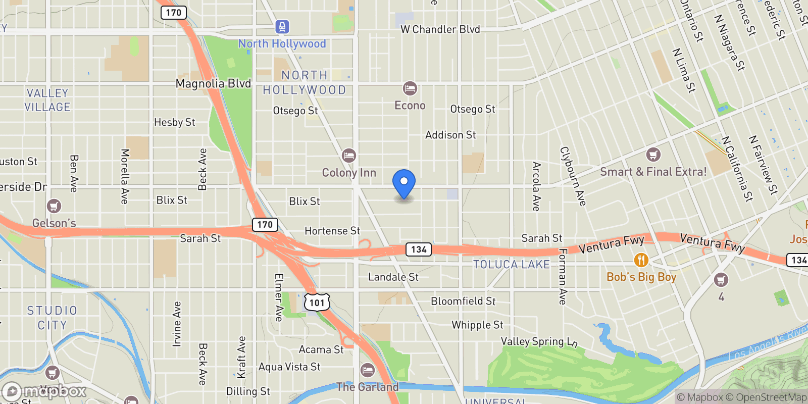 Map showing 10814 Blix Street, Los Angeles, California, United States.