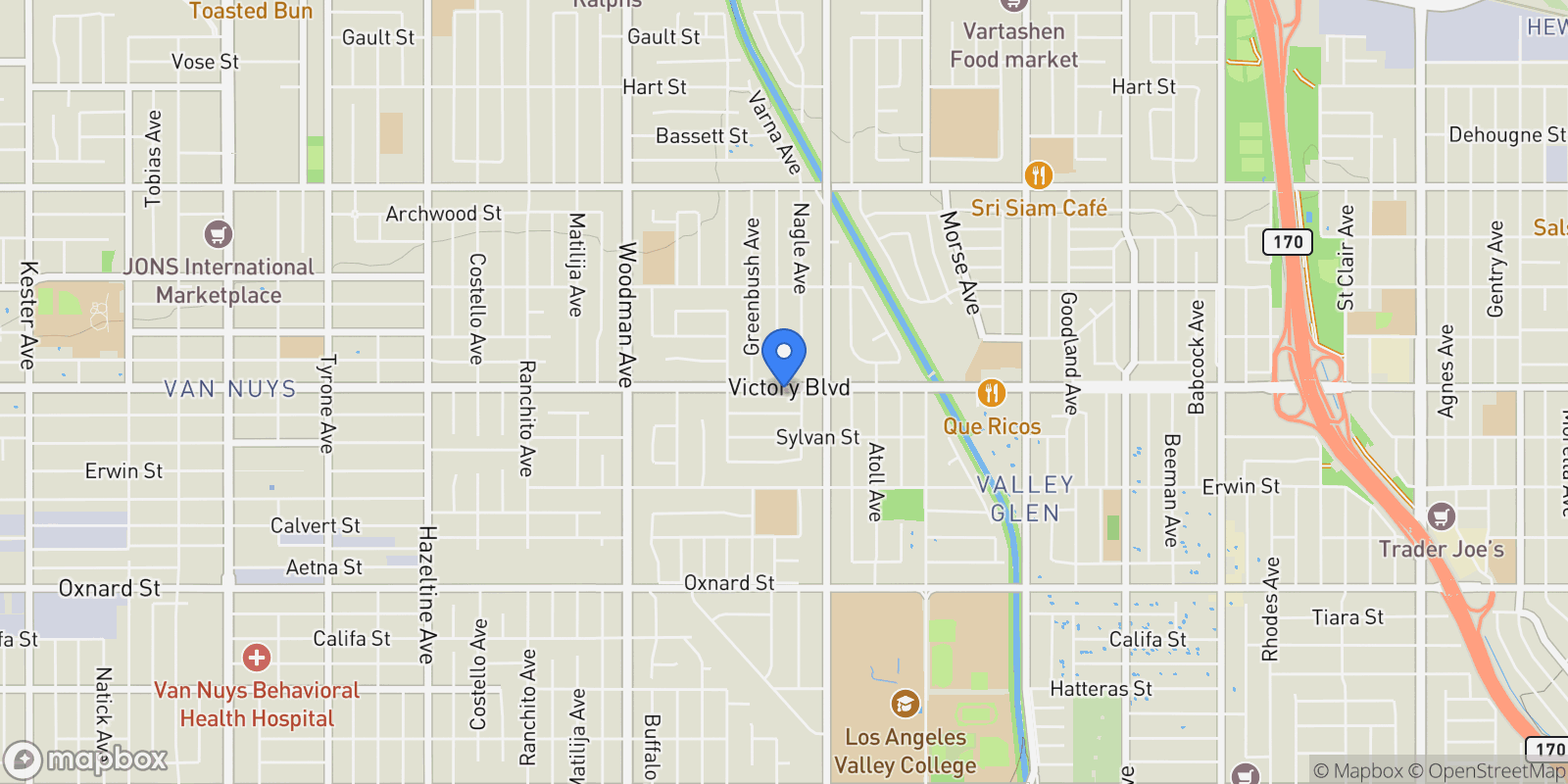 Map showing 13350 Victory Boulevard, Los Angeles, California, United States.