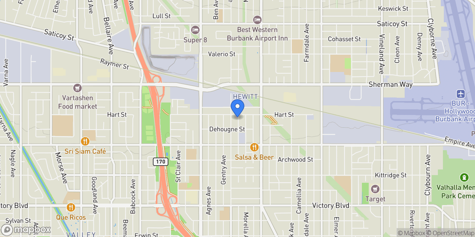 Map showing 6945 Hinds Avenue, Los Angeles, California, United States.