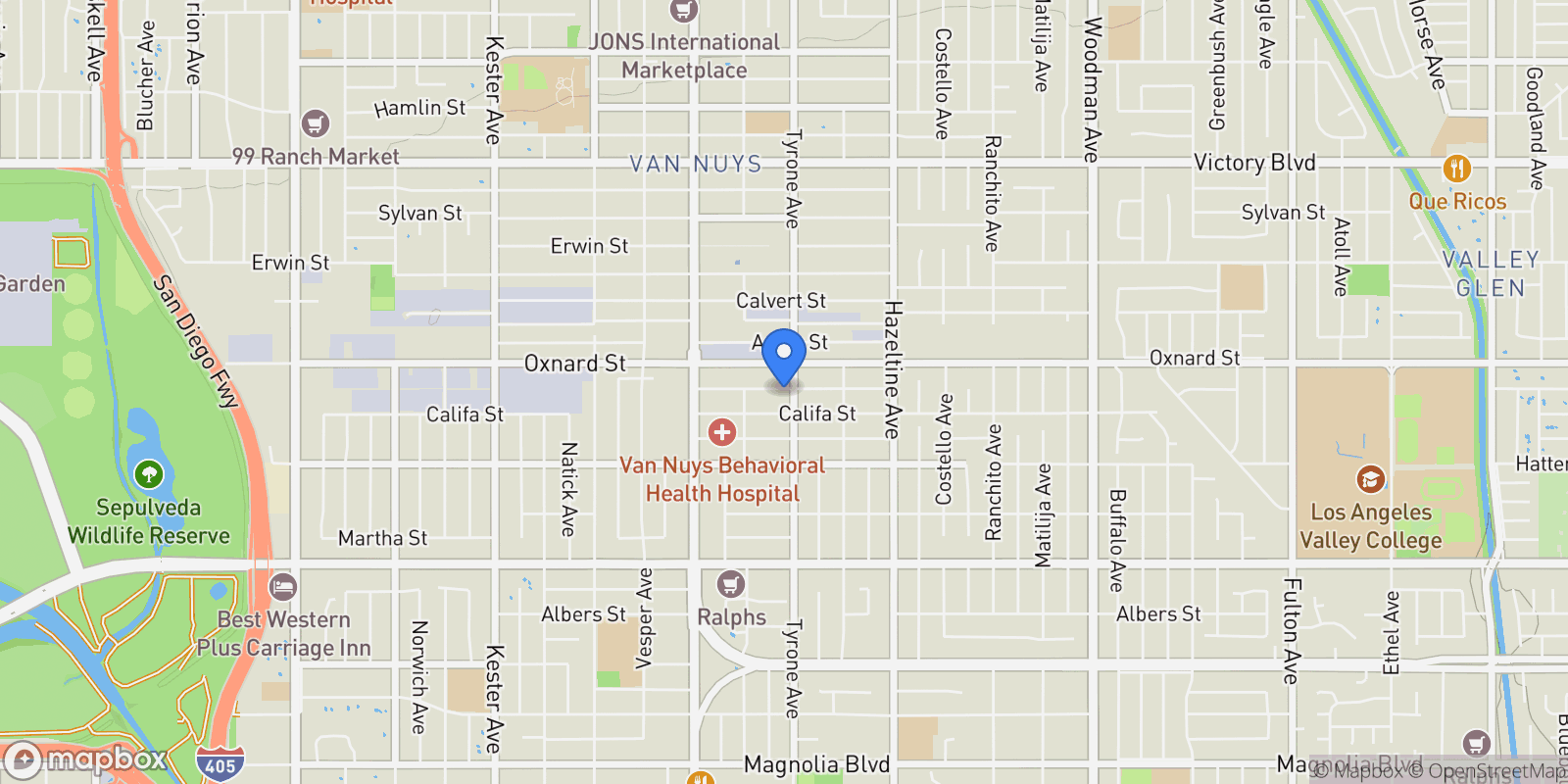 Map showing 14310 Tiara Street, Los Angeles, California, United States.