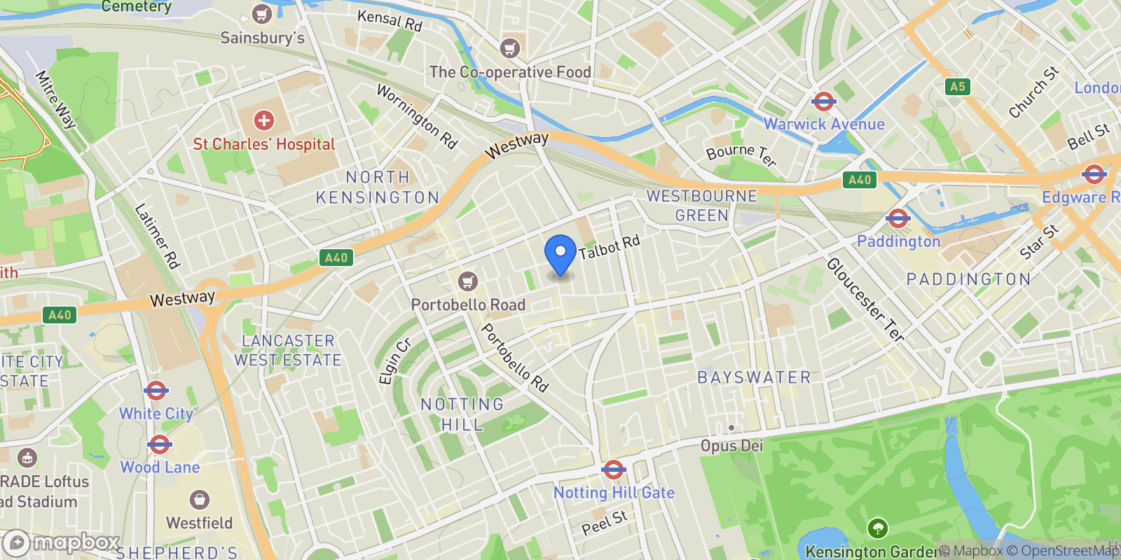Map showing 90 Ledbury Rd, London W11 2AH, UK, London, England, United Kingdom.