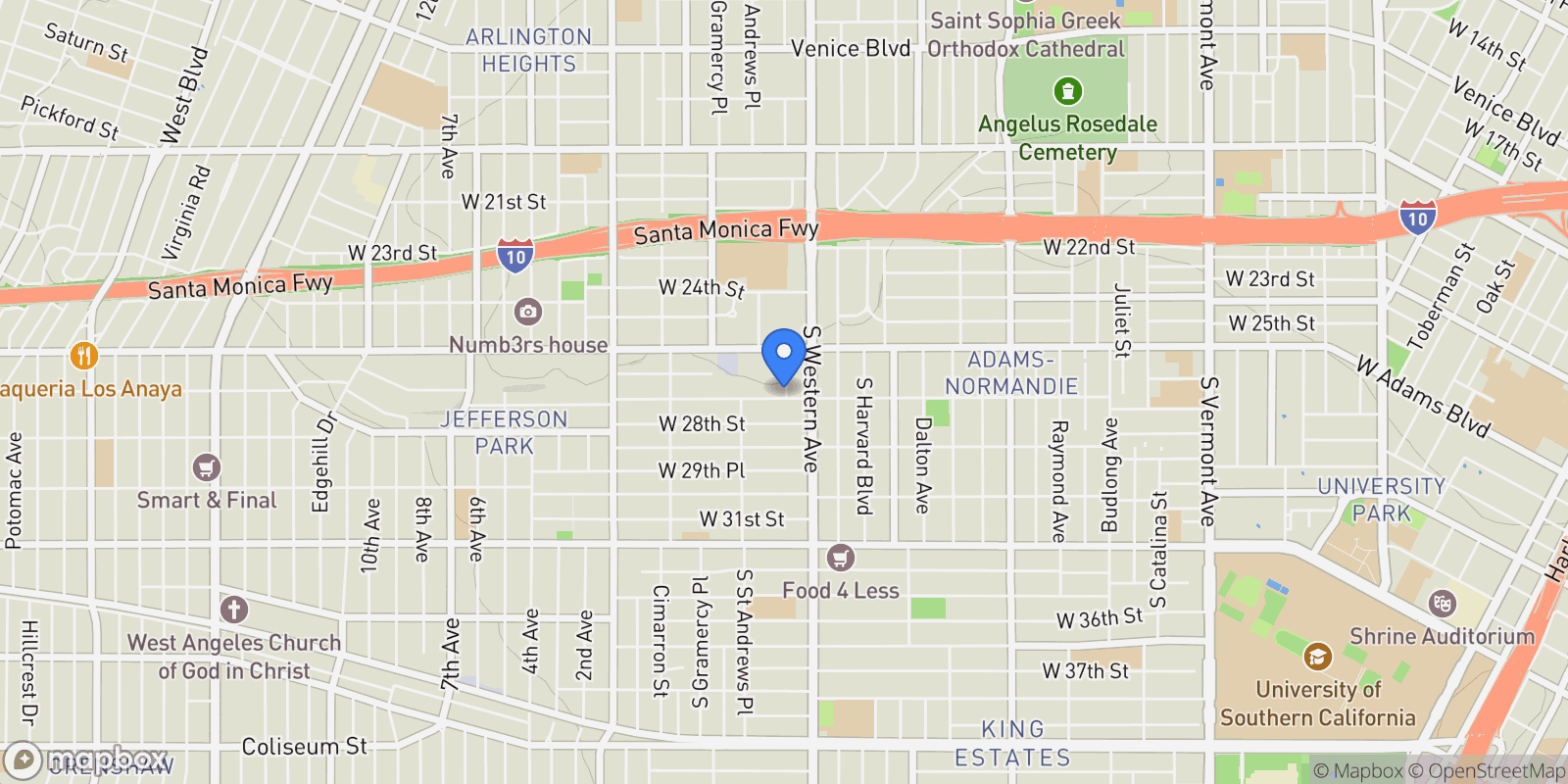 Map showing 2651 S Manhattan Place, Los Angeles, California, United States.
