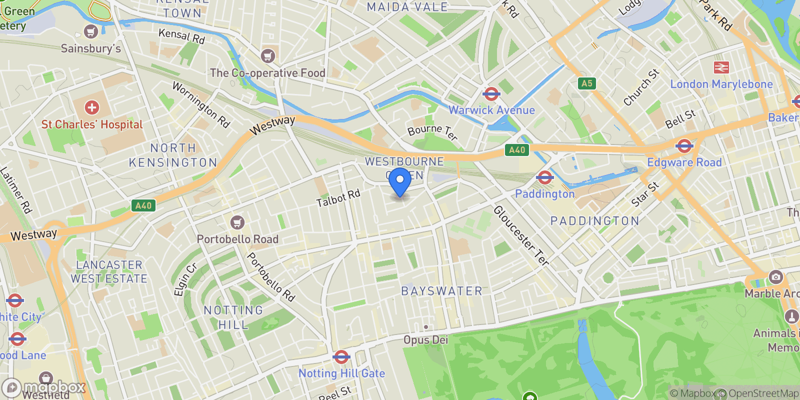 Map showing flat b, 40 Westbourne Gardens, London W2 5NS, UK, London, England, United Kingdom.